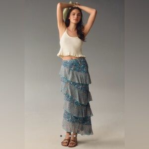 By Anthropologie Ruffle Flounce Maxi Skirt Size Large Petite